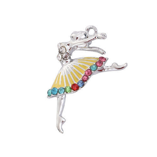 Picture of Zinc Based Alloy Charms Ballerina Silver Tone Multicolor Rhinestone Yellow Enamel 28mm(1 1/8") x 18mm( 6/8"), 10 PCs