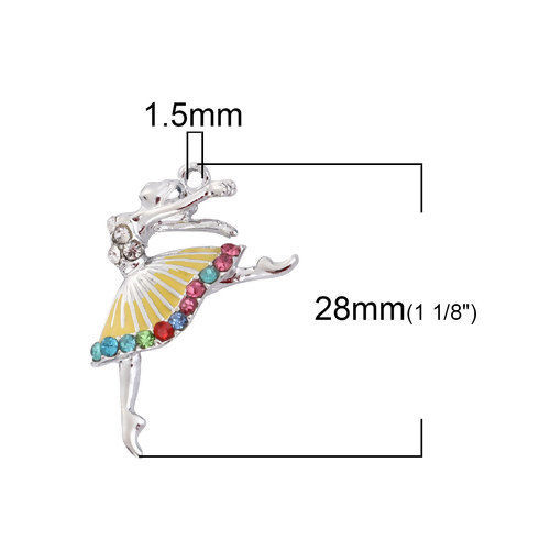 Picture of Zinc Based Alloy Charms Ballerina Silver Tone Multicolor Rhinestone Yellow Enamel 28mm(1 1/8") x 18mm( 6/8"), 10 PCs