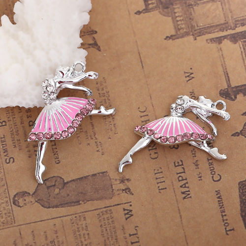 Picture of Zinc Based Alloy Charms Ballerina Silver Tone Pink Rhinestone Enamel 28mm(1 1/8") x 18mm( 6/8"), 10 PCs