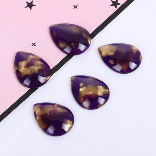 Picture of Acetic Acid Resin Acetimar Marble Dome Seals Cabochon Drop Purple & Golden 18mm( 6/8") x 13mm( 4/8"), 10 PCs