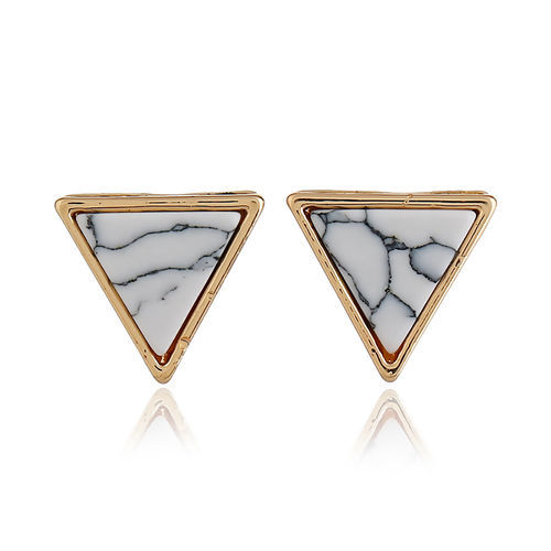 Picture of Ear Post Stud Earrings Gold Plated White Triangle Marble Effect 16mm( 5/8") x 14mm( 4/8"), 1 Pair