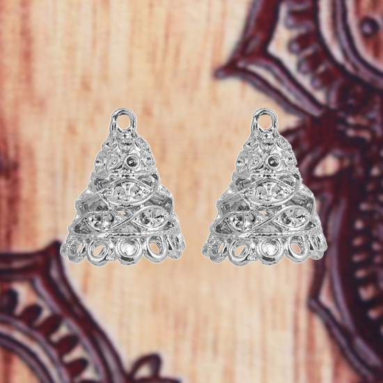 Bild von Zinklegierung Jhumka Jhumki Charms Silberfarbe (für ss5 Spitzboden Strasssteine) 22mm x 19mm, 10 Stück