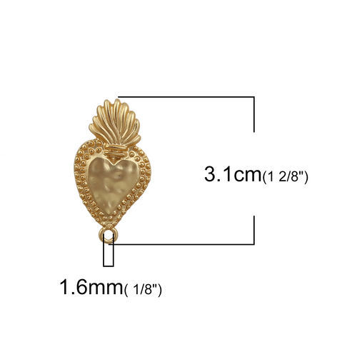 Picture of Zinc Based Alloy Boho Chic Ethnic Style Ear Post Stud Earrings Findings Heart Matt Gold W/ Loop 31mm x 17mm, Post/ Wire Size: (20 gauge), 2 Pairs
