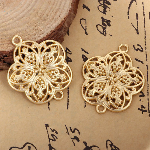 Imagen de Zamak Bohemia Conectores Flor Oro Mate Filigrana 38mm x 31mm, 3 Unidades