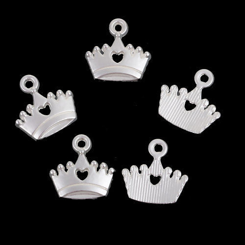 Picture of Zinc Based Alloy Charms Crown Matt Silver Color Heart 12mm( 4/8") x 12mm( 4/8"), 10 PCs