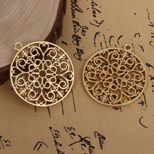 Immagine di Lega di Zinco Stile Bohemien Ciondoli Tondo Oro Opaco Filigrana 49mm x 44mm , 2 Pz