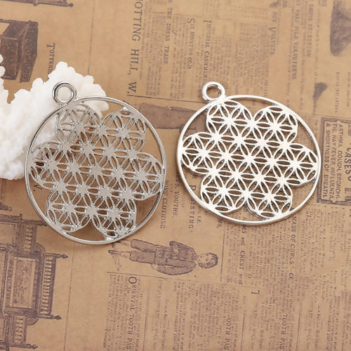 Imagen de Zamak Flor de la vida Colgantes Ronda Tono de Plata Hueco 40mm x 35mm, 10 Unidades