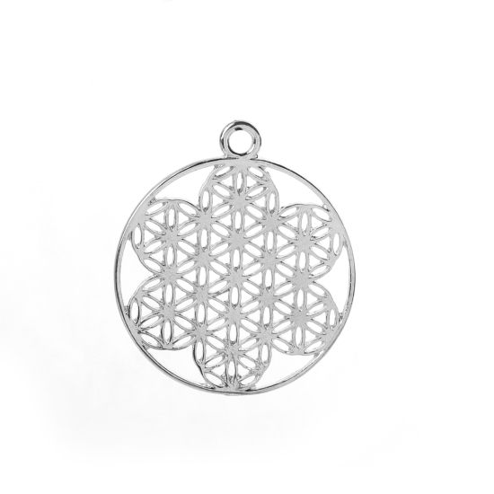 Imagen de Zamak Flor de la vida Colgantes Ronda Tono de Plata Hueco 40mm x 35mm, 10 Unidades