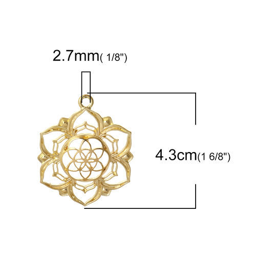 Bild von Zinklegierung Lebensblume Anhänger Blumen Vergoldet Hohl 43mm x 36mm, 10 Stück