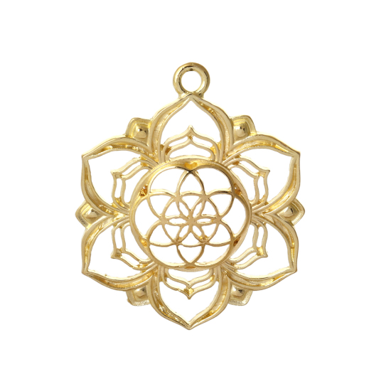 Bild von Zinklegierung Lebensblume Anhänger Blumen Vergoldet Hohl 43mm x 36mm, 10 Stück