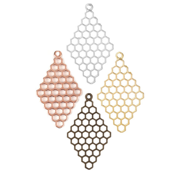 Picture of Zinc Based Alloy Pendants Honeycomb Gold Plated Rhombus Hollow 37mm(1 4/8") x 21mm( 7/8"), 20 PCs