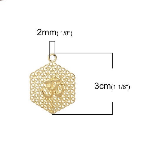 Image de Pendentifs Fleur de Vie en Alliage de Zinc Hexagone Yoga OM Creux Doré 30mm x 23mm, 10 Pcs