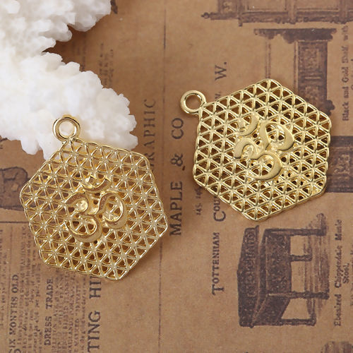 Image de Pendentifs Fleur de Vie en Alliage de Zinc Hexagone Yoga OM Creux Doré 30mm x 23mm, 10 Pcs