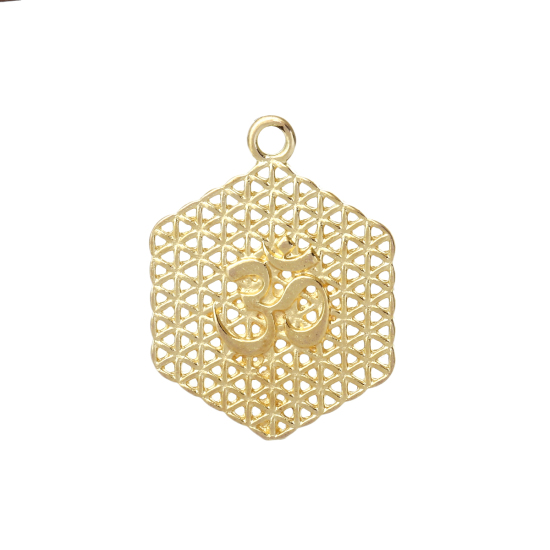 Image de Pendentifs Fleur de Vie en Alliage de Zinc Hexagone Yoga OM Creux Doré 30mm x 23mm, 10 Pcs