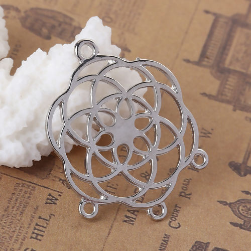 Imagen de Zamak Flor de la vida Conectores de Araña Flor Tono de Plata Hueco 33mm x 25mm, 20 Unidades