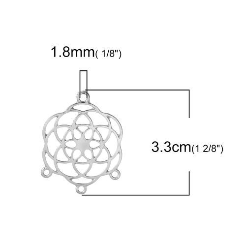 Imagen de Zamak Flor de la vida Conectores de Araña Flor Tono de Plata Hueco 33mm x 25mm, 20 Unidades