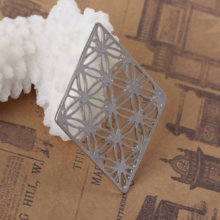 Picture of Zinc Based Alloy Flower Of Life Embellishments Rhombus Silver Tone Hollow 39mm(1 4/8") x 27mm(1 1/8"), 10 PCs