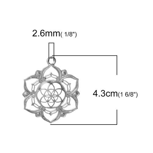 Bild von Zinklegierung Lebensblume Anhänger Blumen Silberfarbe Hohl 43mm x 36mm, 10 Stück