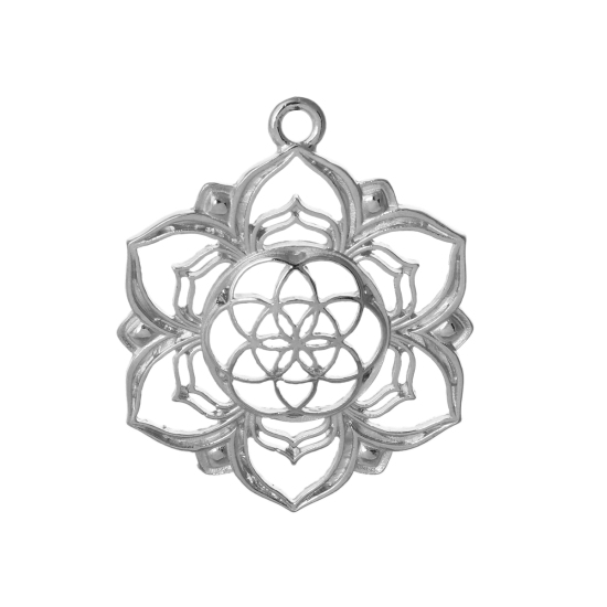 Bild von Zinklegierung Lebensblume Anhänger Blumen Silberfarbe Hohl 43mm x 36mm, 10 Stück