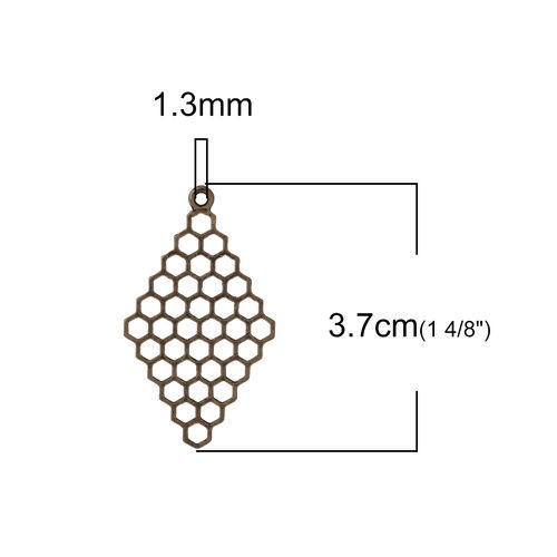 Picture of Zinc Based Alloy Pendants Honeycomb Antique Bronze Rhombus Hollow 37mm(1 4/8") x 21mm( 7/8"), 20 PCs