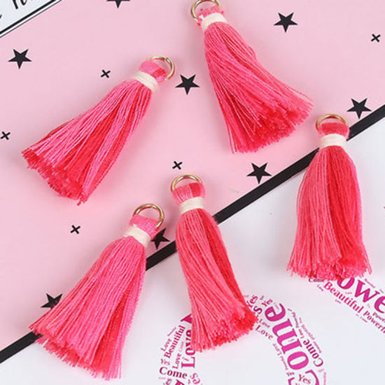 Picture of Cotton Pendants Tassel Pink Red W/ Jump Ring 35mm(1 3/8"), 20 PCs