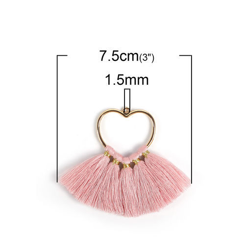 Immagine di Cotone Ciondoli Nappine Cuore Oro Placcato Rosa Circa 75mm x 55mm, 4 Pz