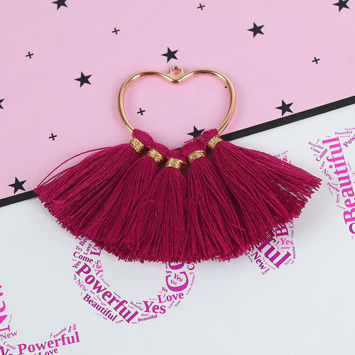 Immagine di Cotone Ciondoli Nappine Cuore Oro Placcato Colore di Vino Rosso Circa 75mm x 55mm, 4 Pz