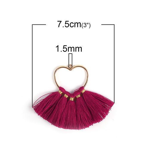 Immagine di Cotone Ciondoli Nappine Cuore Oro Placcato Colore di Vino Rosso Circa 75mm x 55mm, 4 Pz