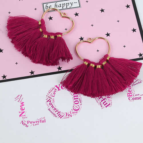 Immagine di Cotone Ciondoli Nappine Cuore Oro Placcato Colore di Vino Rosso Circa 75mm x 55mm, 4 Pz