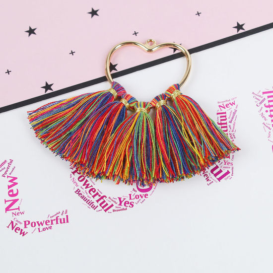 Immagine di Cotone Ciondoli Nappine Cuore Oro Placcato Colore di Vino Rosso Circa 75mm x 55mm, 4 Pz