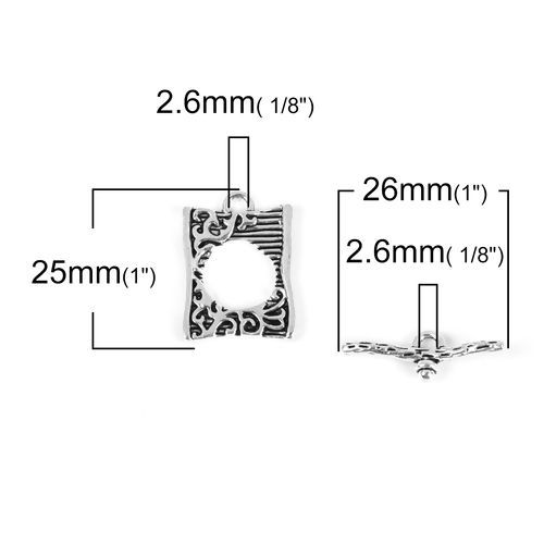 Bild von Zinklegierung Knebelverschluss Rechteck Antiksilber Geschnitzt 26mm x 9mm 25mm x18mm, 10 Set(2 Stück/Set)