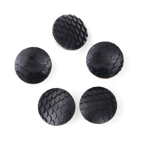 Picture of 18mm Copper & Resin Mermaid Fish/ Dragon Scale Snap Button Fit Snap Button Bracelets Round Silver Tone Black Fish Scale , Knob Size: 5.5mm( 2/8"), 5 PCs