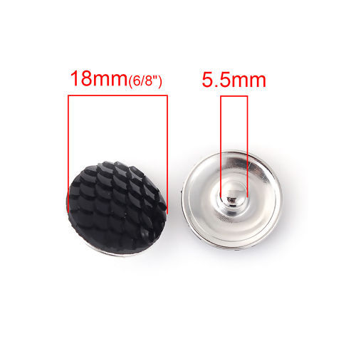 Picture of 18mm Copper & Resin Mermaid Fish/ Dragon Scale Snap Button Fit Snap Button Bracelets Round Silver Tone Black Fish Scale , Knob Size: 5.5mm( 2/8"), 5 PCs