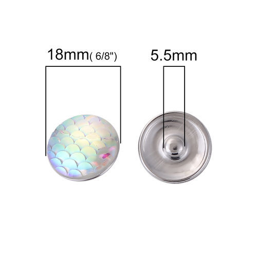 Picture of 18mm Copper & Resin Mermaid Fish/ Dragon Scale Snap Button Fit Snap Button Bracelets Round Silver Tone Transparent Clear AB Color Fish Scale , Knob Size: 5.5mm( 2/8"), 5 PCs