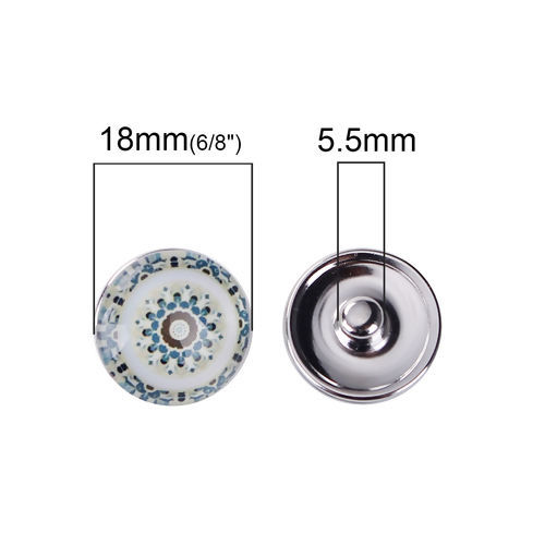 Picture of 18mm Copper & Glass Snap Button Fit Snap Button Bracelets Round Silver Tone Multicolor Transparent At Random Mixed , Knob Size: 5.5mm( 2/8"), 10 PCs