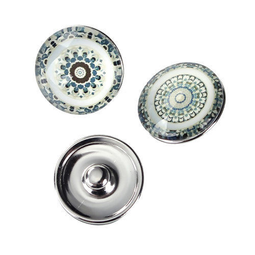 Picture of 18mm Copper & Glass Snap Button Fit Snap Button Bracelets Round Silver Tone Multicolor Transparent At Random Mixed , Knob Size: 5.5mm( 2/8"), 10 PCs