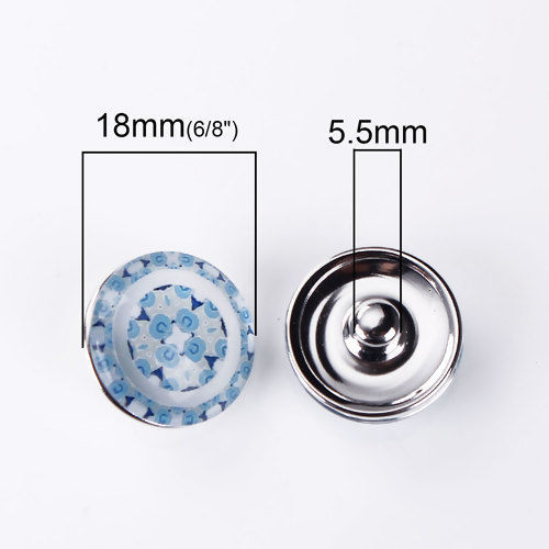 Picture of 18mm Copper & Glass Snap Button Fit Snap Button Bracelets Round Silver Tone Blue Transparent At Random Mixed , Knob Size: 5.5mm( 2/8"), 10 PCs