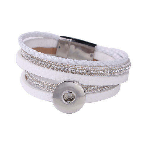 Picture of PU Leather Snap Button Multilayer Layered Wrap Bracelets Fit 18mm/20mm Snap Buttons White Silver Tone Round Clear Rhinestone 40.5cm(16") long, Hole Size: 6mm( 2/8"), 1 Piece