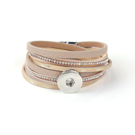 Picture of PU Leather Snap Button Multilayer Layered Wrap Bracelets Fit 18mm/20mm Snap Buttons Pink Silver Tone Round Clear Rhinestone 40.5cm(16
