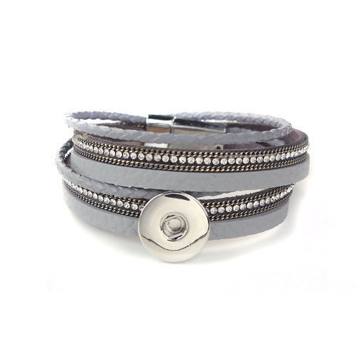 Picture of PU Leather Snap Button Multilayer Layered Wrap Bracelets Fit 18mm/20mm Snap Buttons Steel Gray Silver Tone Round Clear Rhinestone 40.5cm(16") long, Hole Size: 6mm( 2/8"), 1 Piece