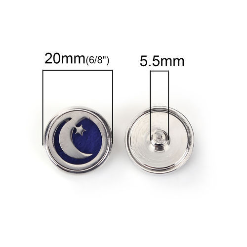 Picture of 20mm Copper & Stainless Steel Snap Button Fit Snap Button Bracelets Round Silver Tone Blue Felt Oil Diffuser Pads Moon , Knob Size: 5.5mm( 2/8"), 1 Piece
