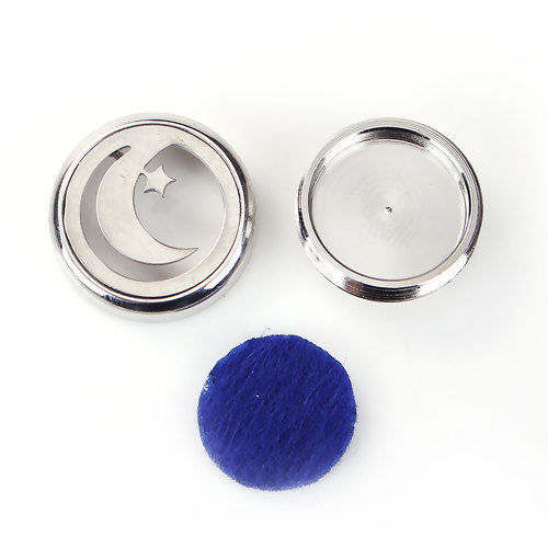 Picture of 20mm Copper & Stainless Steel Snap Button Fit Snap Button Bracelets Round Silver Tone Blue Felt Oil Diffuser Pads Moon , Knob Size: 5.5mm( 2/8"), 1 Piece