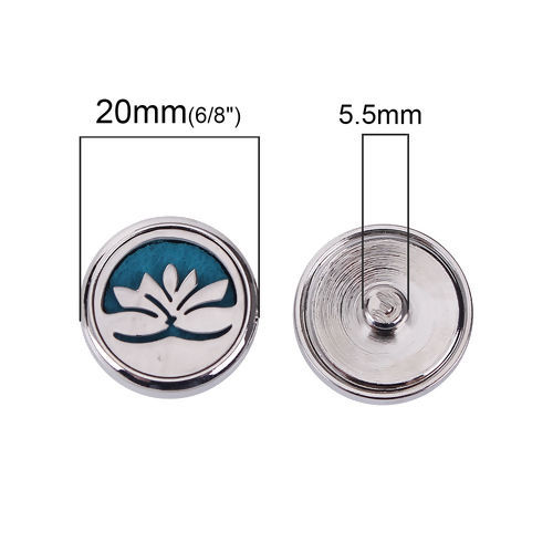 Picture of 20mm Copper & Stainless Steel Snap Button Fit Snap Button Bracelets Lotus Flower Silver Tone Green Felt Oil Diffuser Pads Round , Knob Size: 5.5mm( 2/8"), 1 Piece