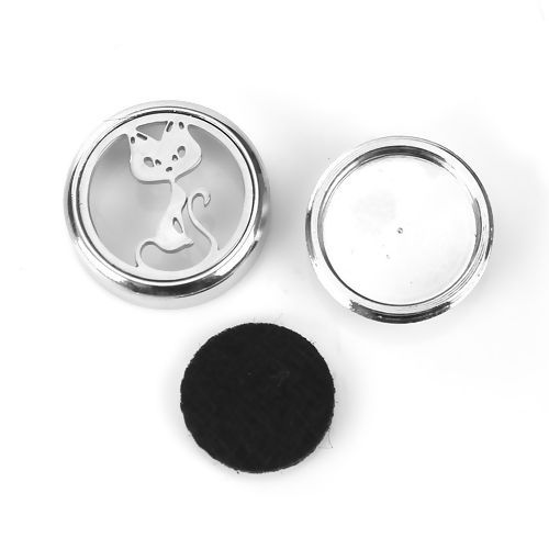 銅＋ステンレス鋼 20mm スナップボタン 円形 シルバートーン 黒 アロマパッドフェルト付き 猫パターン つまみのサイズ： 5.5mm、 1 個 の画像