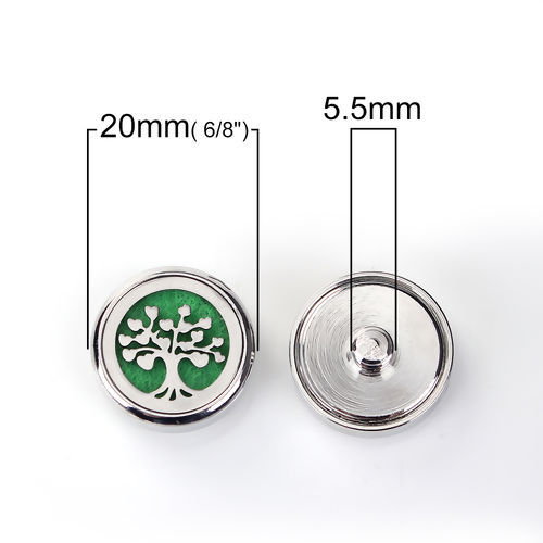 銅＋ステンレス鋼 20mm スナップボタン 円形 シルバートーン 緑 アロマパッドフェルト付き ツリーパターン つまみのサイズ： 5.5mm、 1 個 の画像
