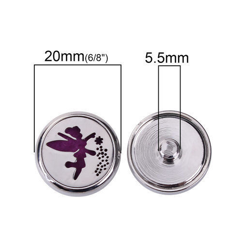 Picture of 20mm Copper & Stainless Steel Snap Button Fit Snap Button Bracelets Round Silver Tone Purple Felt Oil Diffuser Pads Fairy , Knob Size: 5.5mm( 2/8"), 1 Piece