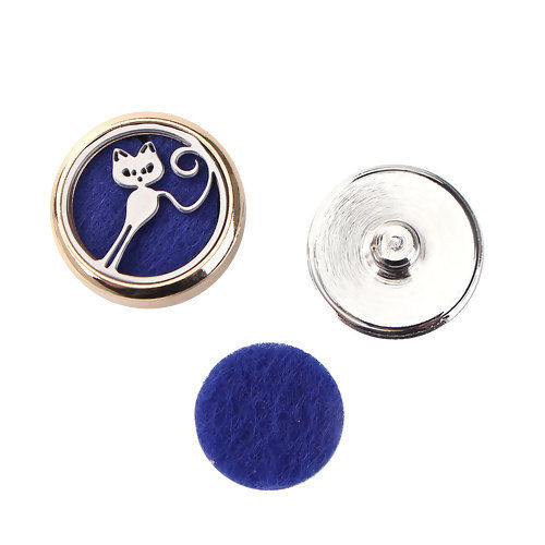 Picture of 20mm Copper & Stainless Steel Snap Button Fit Snap Button Bracelets Round Gold Plated Blue Felt Oil Diffuser Pads Cat , Knob Size: 5.5mm( 2/8"), 1 Piece