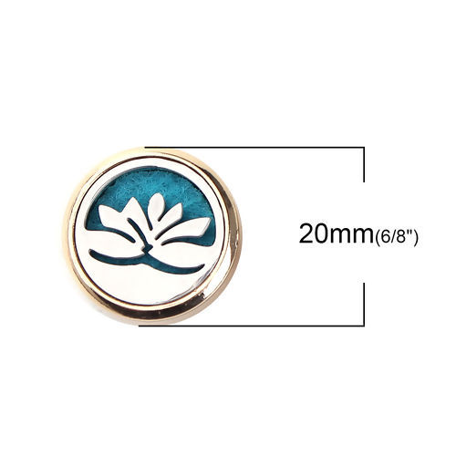 Image de 20mm Bouton Pression pour Bracelet Bouton Pression en Cuivre & Acier Inoxydable Fleur de Lotus Doré Tampons en Feutre de Diffuseurs d'Huile Bleu-Vert Rond, Taille de Poignée: 5.5mm, 1 Pièce