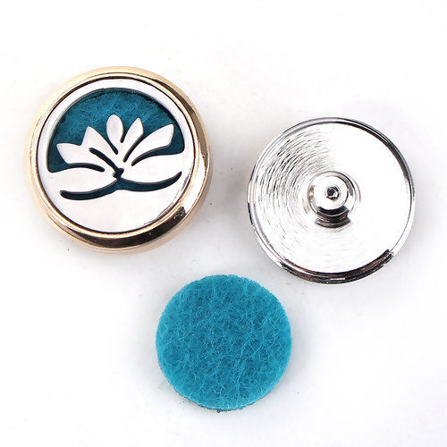 Picture of 20mm Copper & Stainless Steel Snap Button Fit Snap Button Bracelets Lotus Flower Gold Plated Green Blue Felt Oil Diffuser Pads Round , Knob Size: 5.5mm( 2/8"), 1 Piece