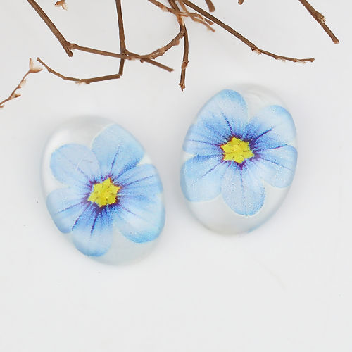 Picture of Resin Dome Seals Cabochon Oval Light Blue Flower Pattern Transparent 25mm(1") x 18mm( 6/8"), 10 PCs